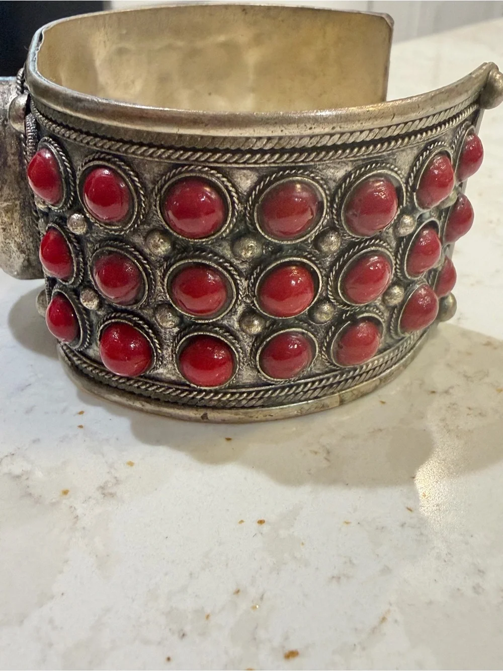 Vintage Ornate Alpaca Statement Cuff Bracelet Red Cabochon Stones